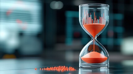Investing mistake fail business and volatility Concept, A modern hourglass with vibrant red sand and a graph design, symbolizing time management and analytics in a sleek environment.