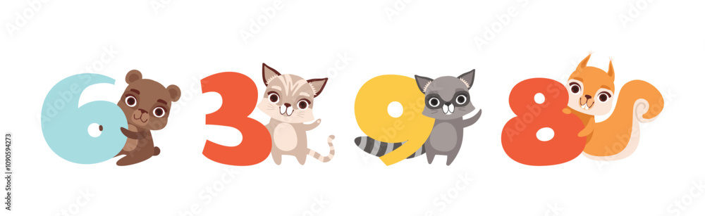 Poster cute animal character with number and numeral vector set