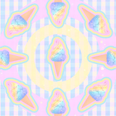 Cartoon spinning rainbow ice cream cones on pastel plaid pattern background.