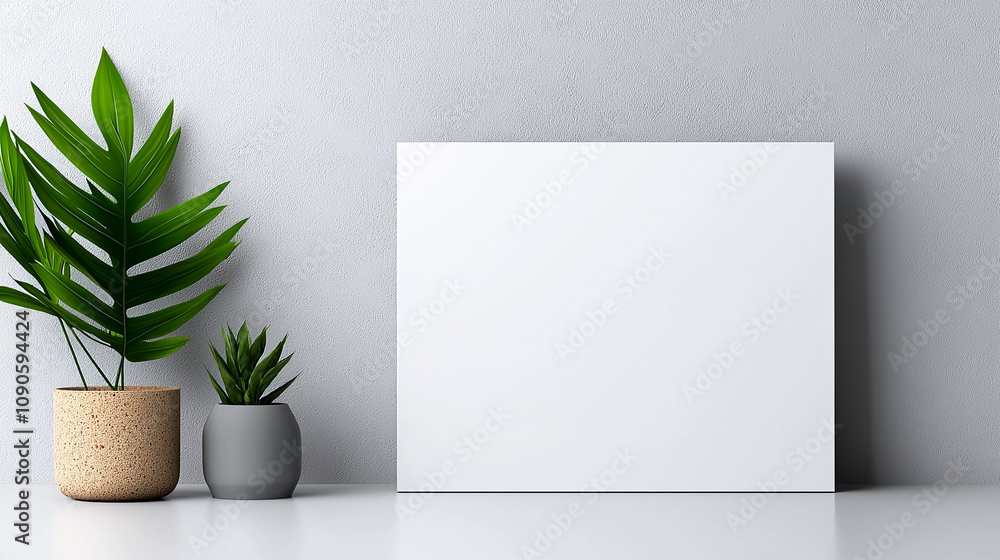 Aufkleber minimalist presentation background featuring blank white canvas with potted plants on smooth surface