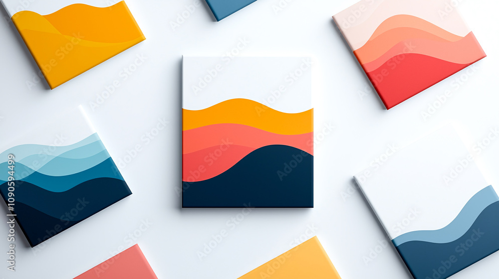 Poster colorful abstract wave art prints arranged on white surface, showcasing vibrant and modern design. p