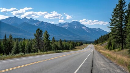Fototapeta premium Empty stretch of asphalt road running parallel to a mountain range with a clear blue sky above and pine trees in the foreground, scenic beauty, natural landscape, calmness, empty highway, peaceful 