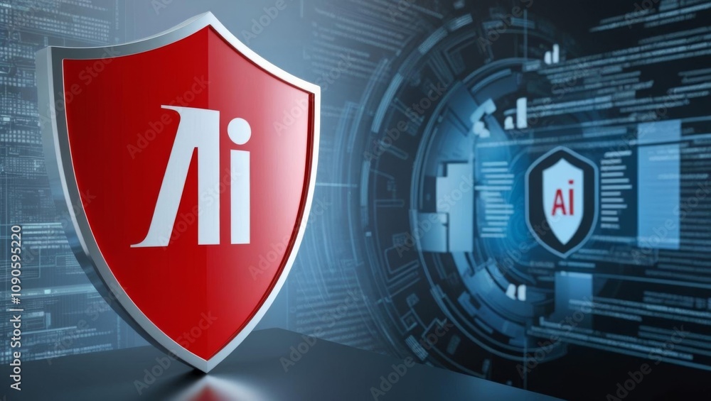 Poster a red shield with an ai symbol stands against a digital background, symbolizing cybersecurity and ar