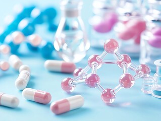 A molecule futuristic capsule colorful arrangement of pills, liquids, and a molecular model, representing the world of pharmaceuticals and science.