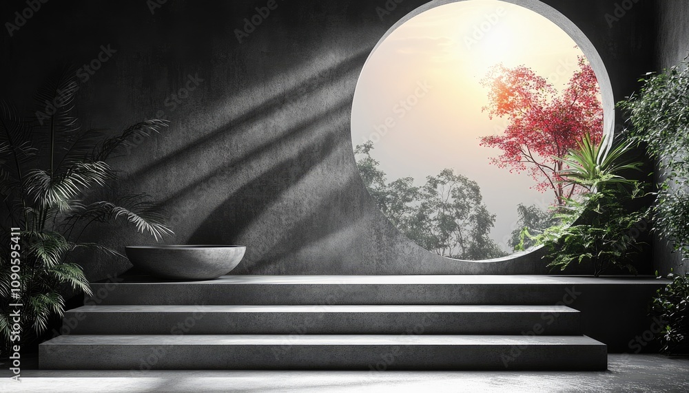 Poster minimalist concrete steps with a round window. perfect for showcasing product displays, branding, an