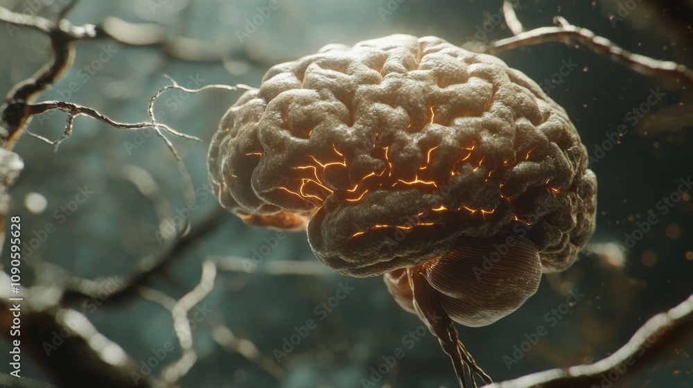 Aufkleber a brain is shown in a close up with a wire running through it
