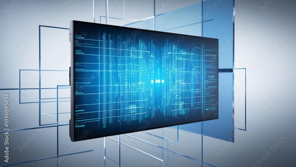 Poster a futuristic digital interface with blue data patterns against a light backdrop, suggesting technolo