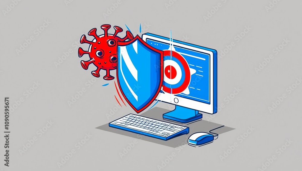 Poster a computer is protected by a shield against a virus, illustrating cybersecurity measures in a digita