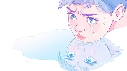 A boy gazes at his reflection in water, expressing sadness with tears on his face.