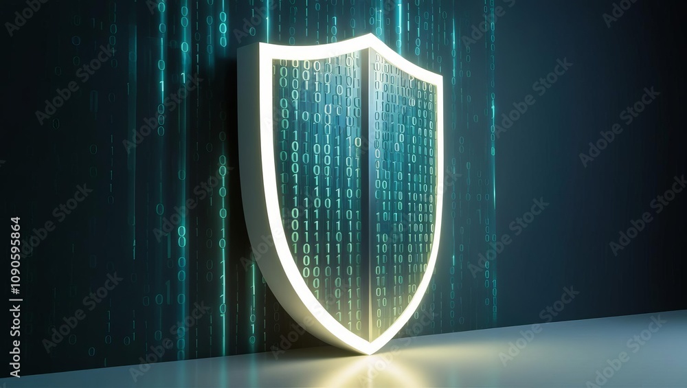 Poster a glowing shield against a backdrop of digital data, symbolizing cybersecurity and protection in the