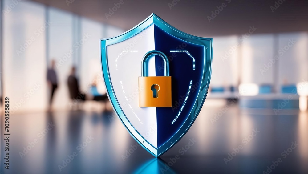 Poster a modern shield with a lock symbolizes security and protection in a professional setting.