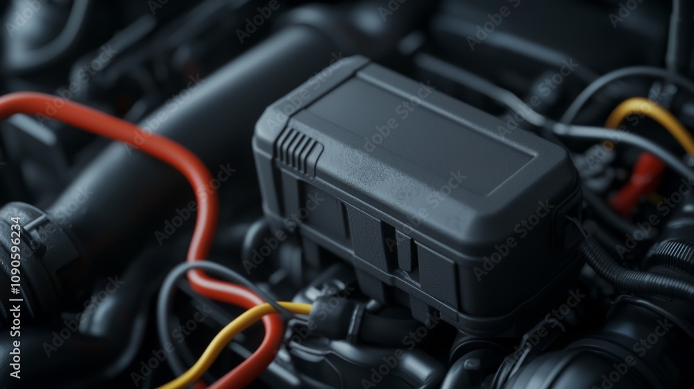 Poster a close-up of a black electronic component with wires on a complex engine background, highlighting a