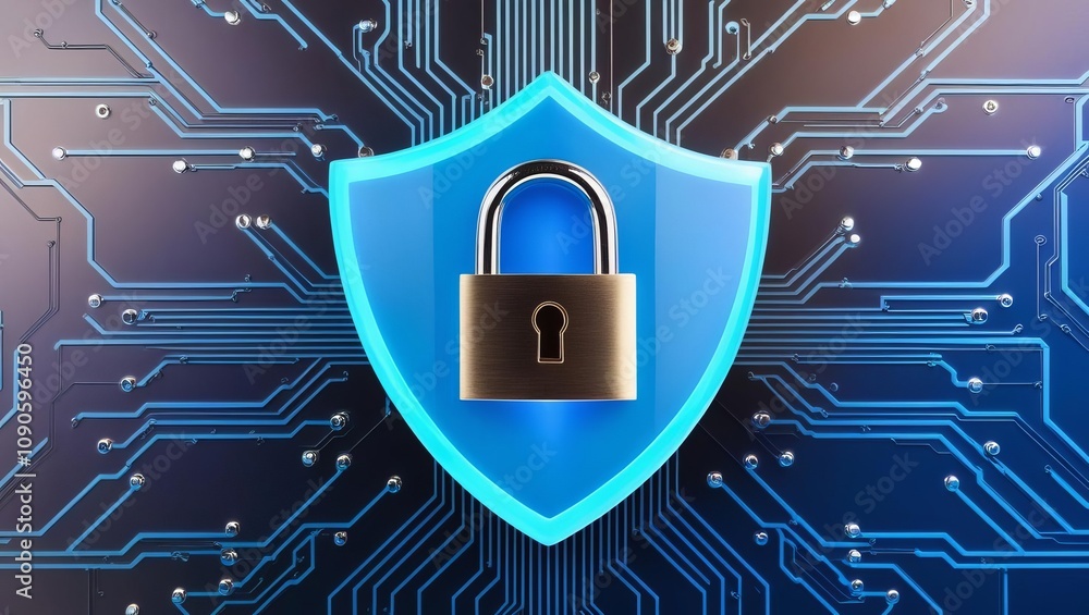 Poster a digital shield with a padlock symbol, representing cybersecurity and protection in a tech-inspired