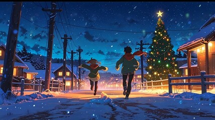 Anime Children Playing in the Snow on Christmas Day