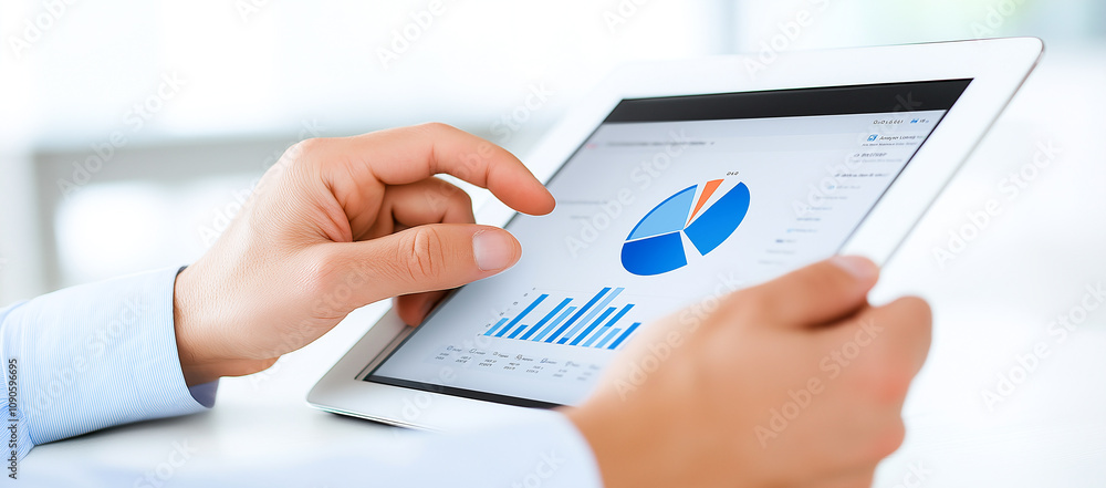 Poster person using tablet to analyze data with charts and graphs, focusing on business analytics