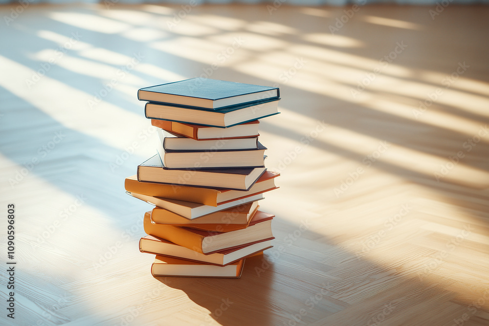 Poster stack of books on wooden floor with sunlight streaming through window, casting shadows. books are ar