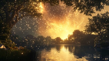 Photorealistic artwork depicting genesis  the emergence of light and creation s splendor