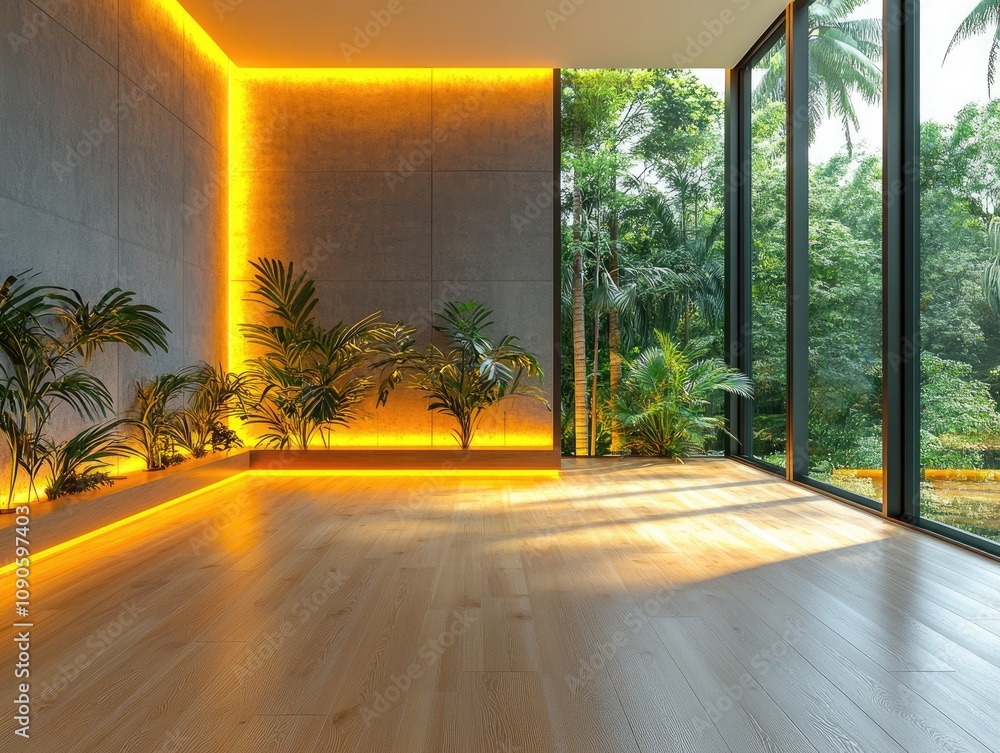 Poster empty room with wooden floor and large windows. this image is suitable for use in interior design, r
