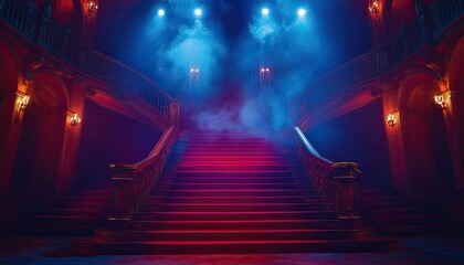Naklejka premium Staircase with red carpet in vintage mansion. Perfect for dramatic entrance, mystery, and suspense themes.
