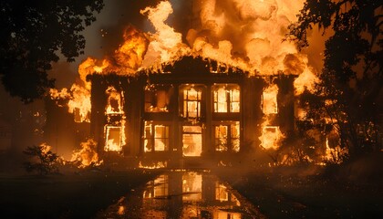 Fototapeta premium Residential building engulfed in flames.