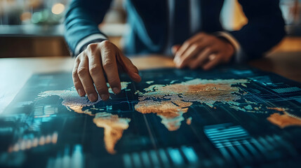 Global business strategy development corporate office digital map exploration professional environment close-up view data visualization insights