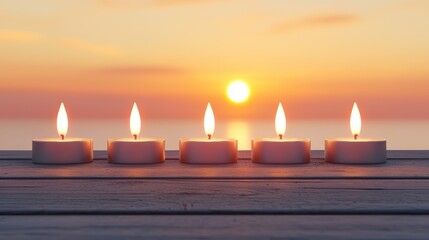 Five burning tealights lined up on weathered wood soft flickering flames casting warm shadows emphasizing calm and tranquility