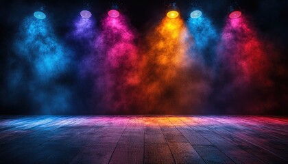Obraz premium Empty wooden stage with colored lights. A perfect backdrop for showcasing products, creating moody scenes, or adding a touch of drama to your visuals.