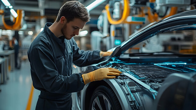 Automotive technician inspecting vehicle surface auto shop professional photography indoor close-up precision engineering
