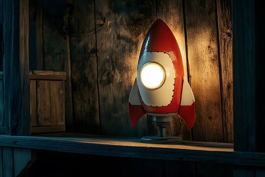 Close-up of a rocket model on a wooden shelf. Bright light. Minimal background for National Science Fiction Day. - Powered by Adobe