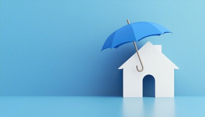 Paper house shielded by a blue umbrella during rain clear symbolic imagery representing security, protection, and comfort
