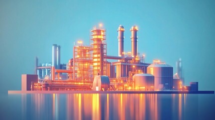 Obraz premium Bright and Modern Industrial Complex at Dawn with Reflections in Water, Showcasing Cutting-Edge Technology and Advanced Manufacturing Facilities