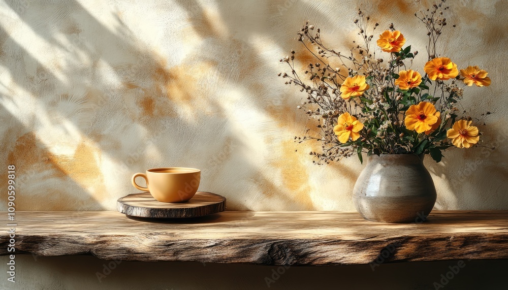 Poster a rustic wooden shelf with a cup of tea. perfect for displaying products or showcasing rustic design