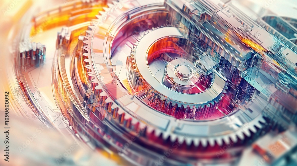Poster abstract geometric mechanism with interconnected gears in a vibrant color palette reflecting innovat