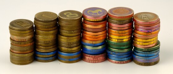 Stacked coins and house figurines, mortgage concept.