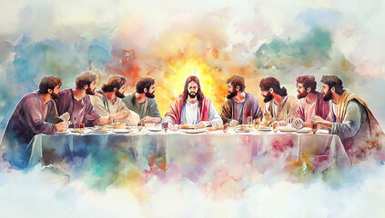 The Last Supper. Jesus. Maundy Holy Thursday. New Testament. Watercolor Biblical Illustration