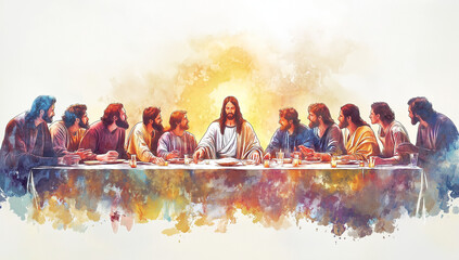 The Last Supper. Jesus. Maundy Holy Thursday. New Testament. Watercolor Biblical Illustration
