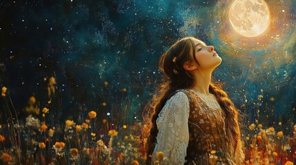 Naklejka premium A serene girl gazes at a bright moon in a starry night surrounded by colorful flowers, evoking a sense of wonder and tranquility.