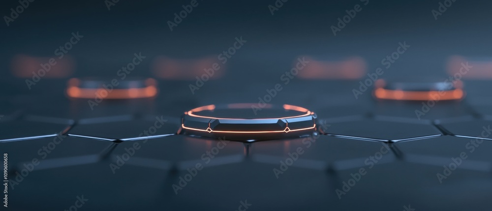 Poster a close up of a hexagonal shaped object with a bright orange glow