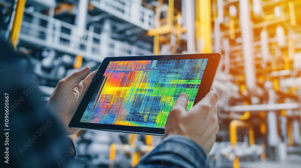 Poster person holding a tablet displaying colorful data visualizations in a modern industrial setting with 