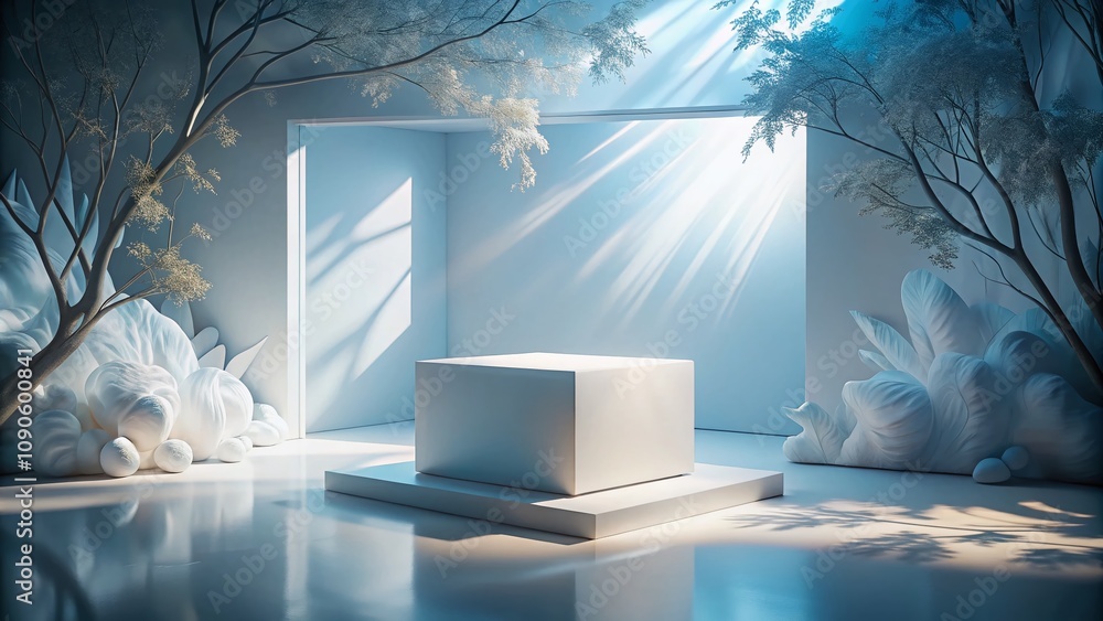 Poster surreal 3d of a white cardboard box with window and shadow for product mockups in a dreamlike scene 