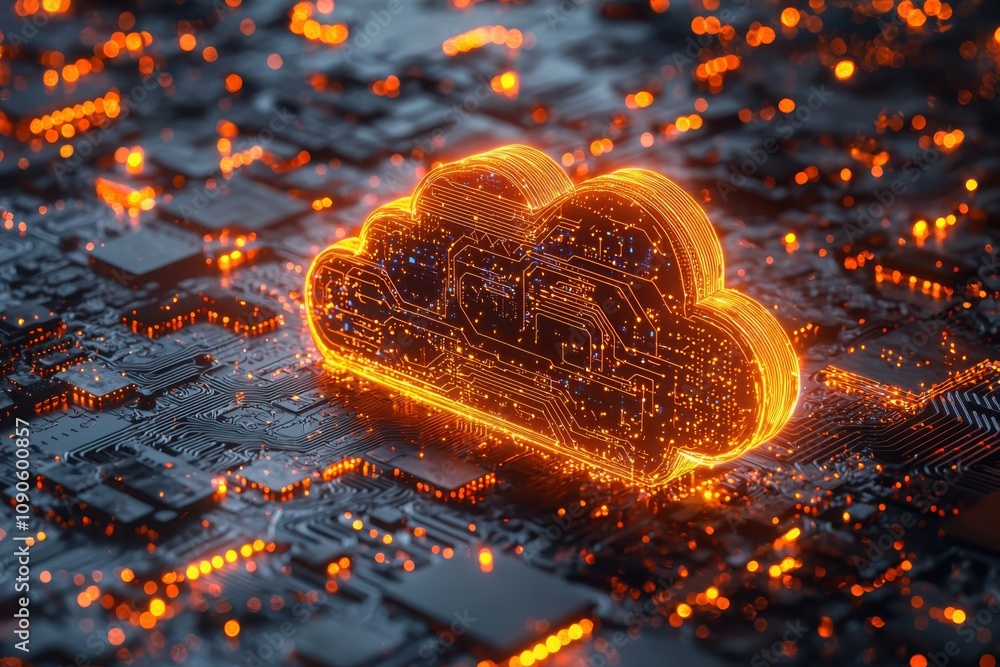 Poster exploring futuristic cloud computing concepts in a digital landscape with glowing circuits