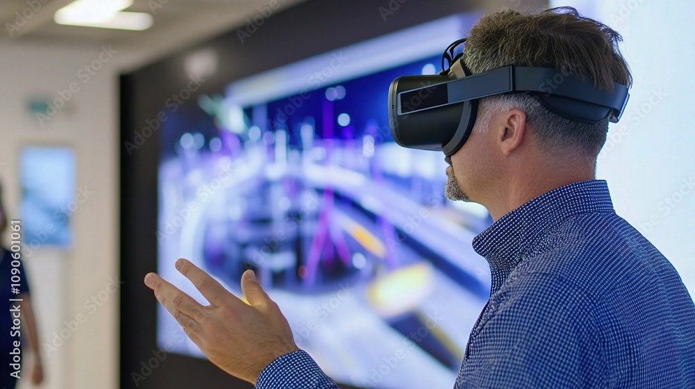 Poster man engaged in virtual reality experience in modern technology space with digital screens and intera
