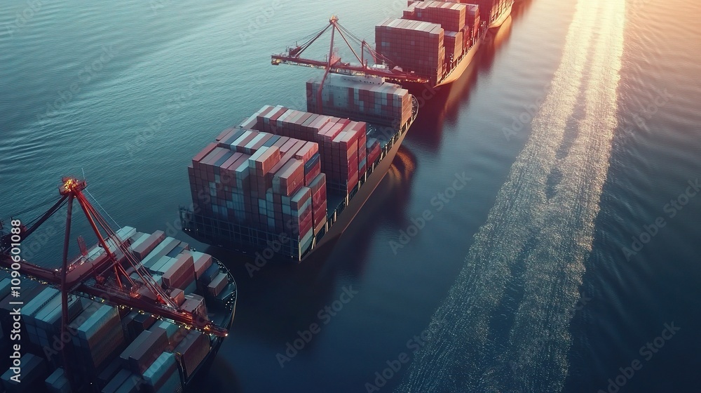 Poster aerial view of container ships loading and unloading cargo at sunset, vibrant colors reflecting on w