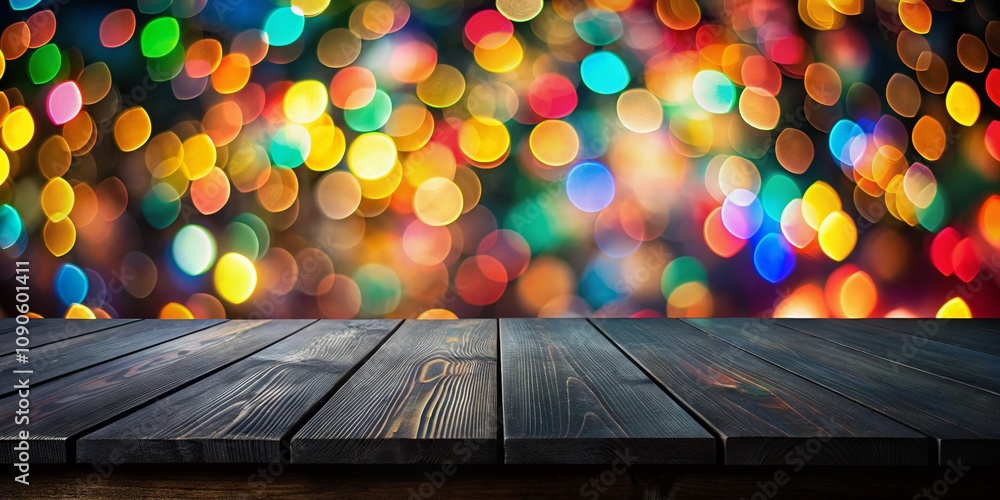 Poster Surreal Photography of an Empty Black Wooden Table Top with Colorful Abstract Blurred Bokeh Lights Background for Product Presentation and Advertisement Mockup View