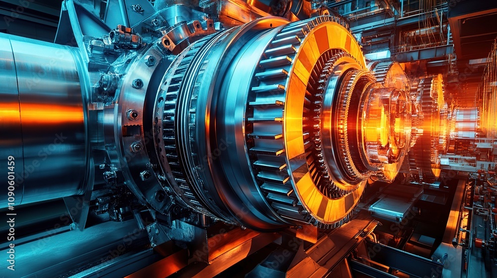 Aufkleber close-up of industrial machinery with glowing elements inside a high-tech environment showcasing pre