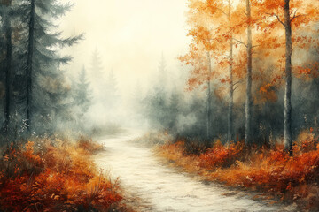Fototapeta premium An autumn forest path hidden in thick fog. 