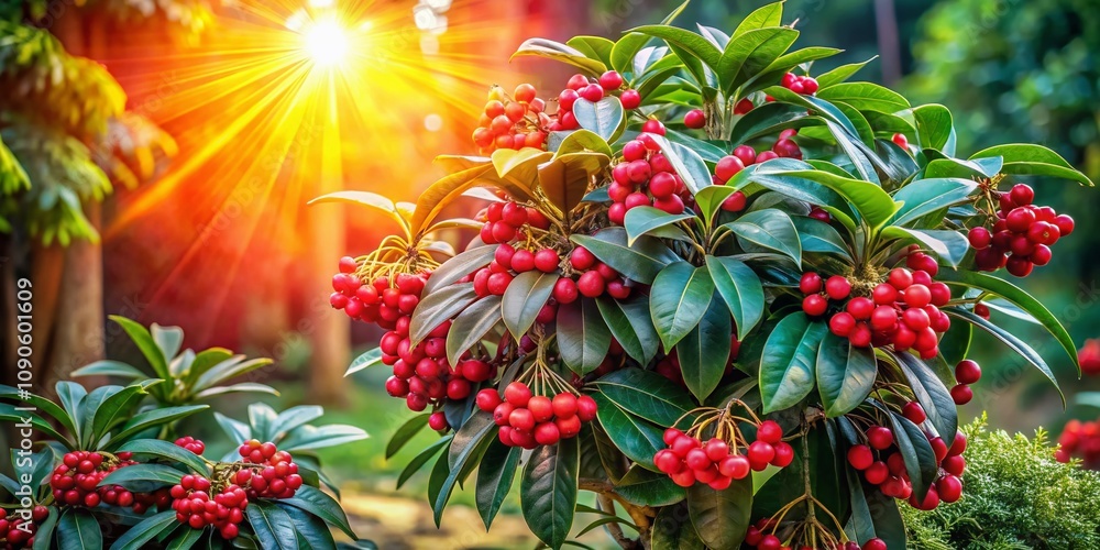Poster surreal representation of ardisia lurida: an evergreen shrub merging nature and imagination in a dre