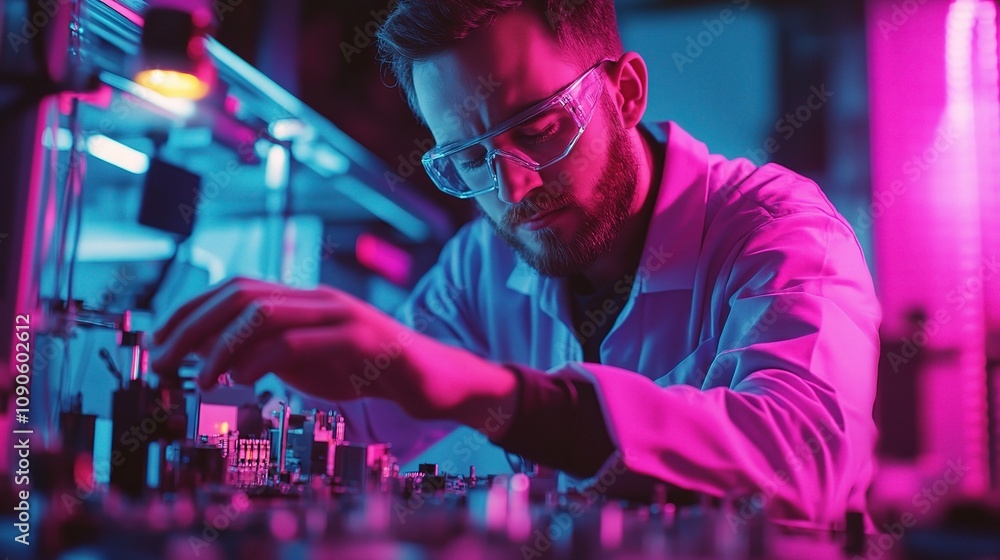 Poster scientist in laboratory carefully analyzing circuit board components under neon lights with high-tec