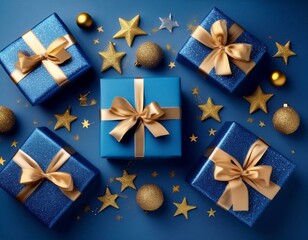 Illustration of blue gifts with golden bows and ribbons placed on blue background near stars