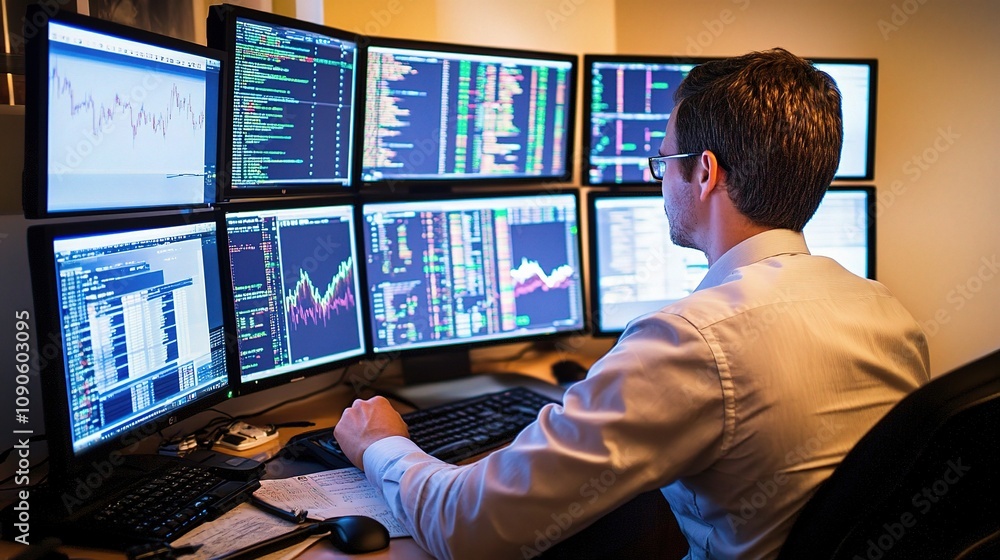 Poster the data analyst: a focused professional in a dimly lit office, meticulously analyzing data on multi